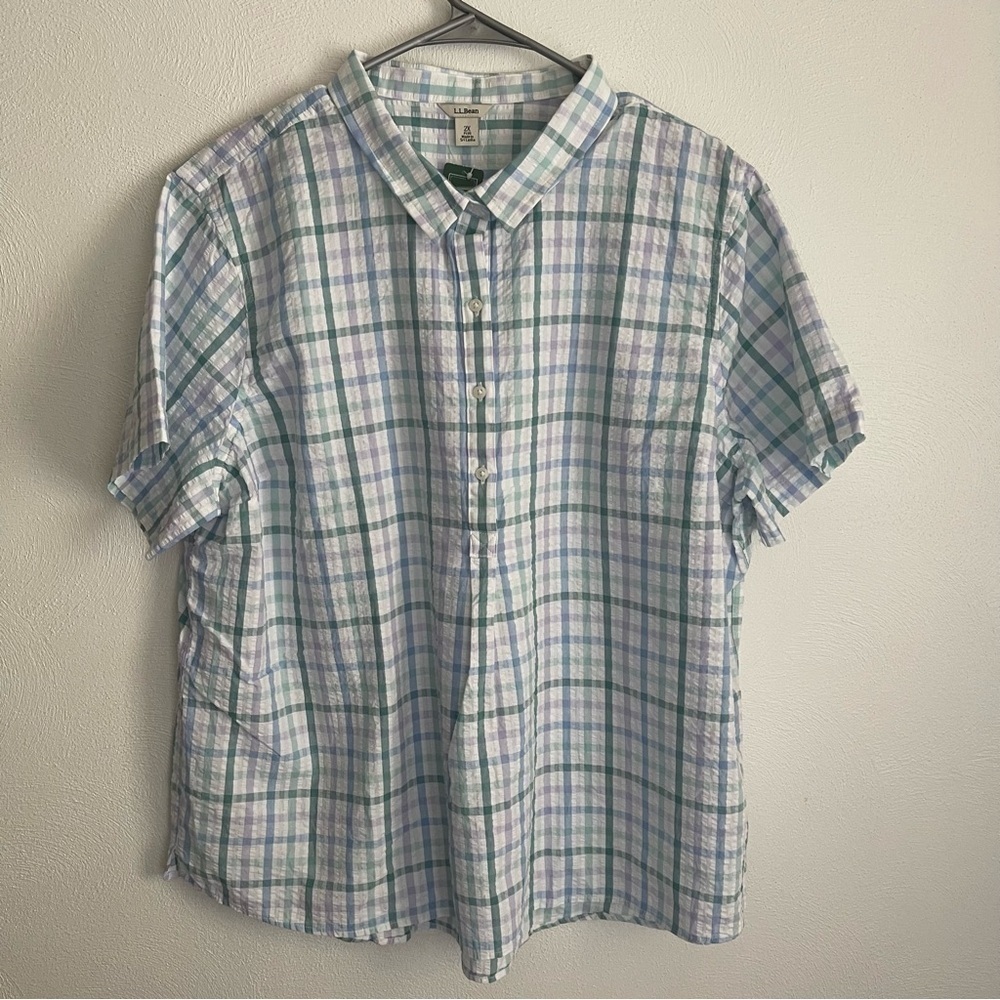 LL Bean Vacationland Seersucker Colorful Plaid short Sleeve Button Blouse XXL